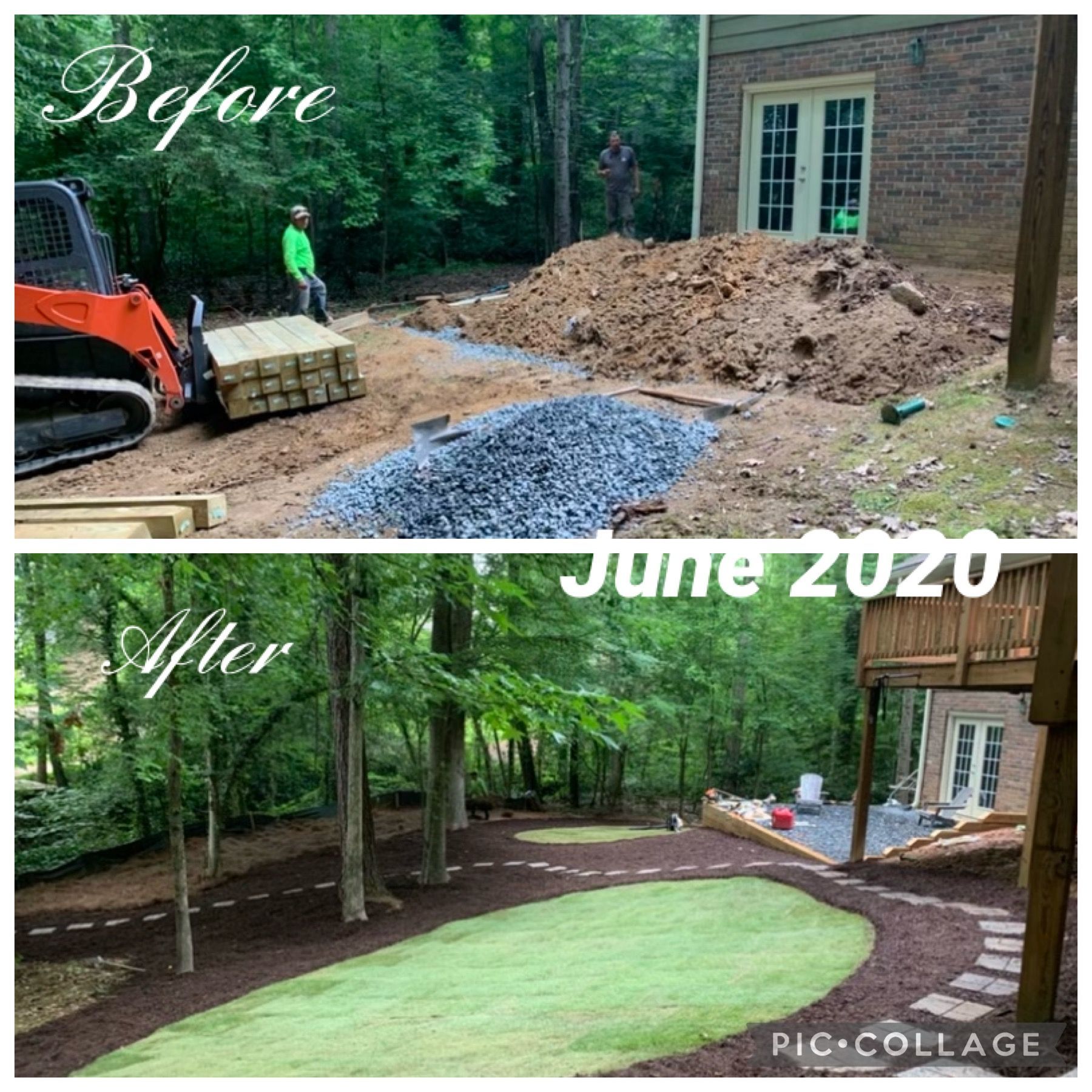 A before and after picture of a lawn being installed in june 2020.