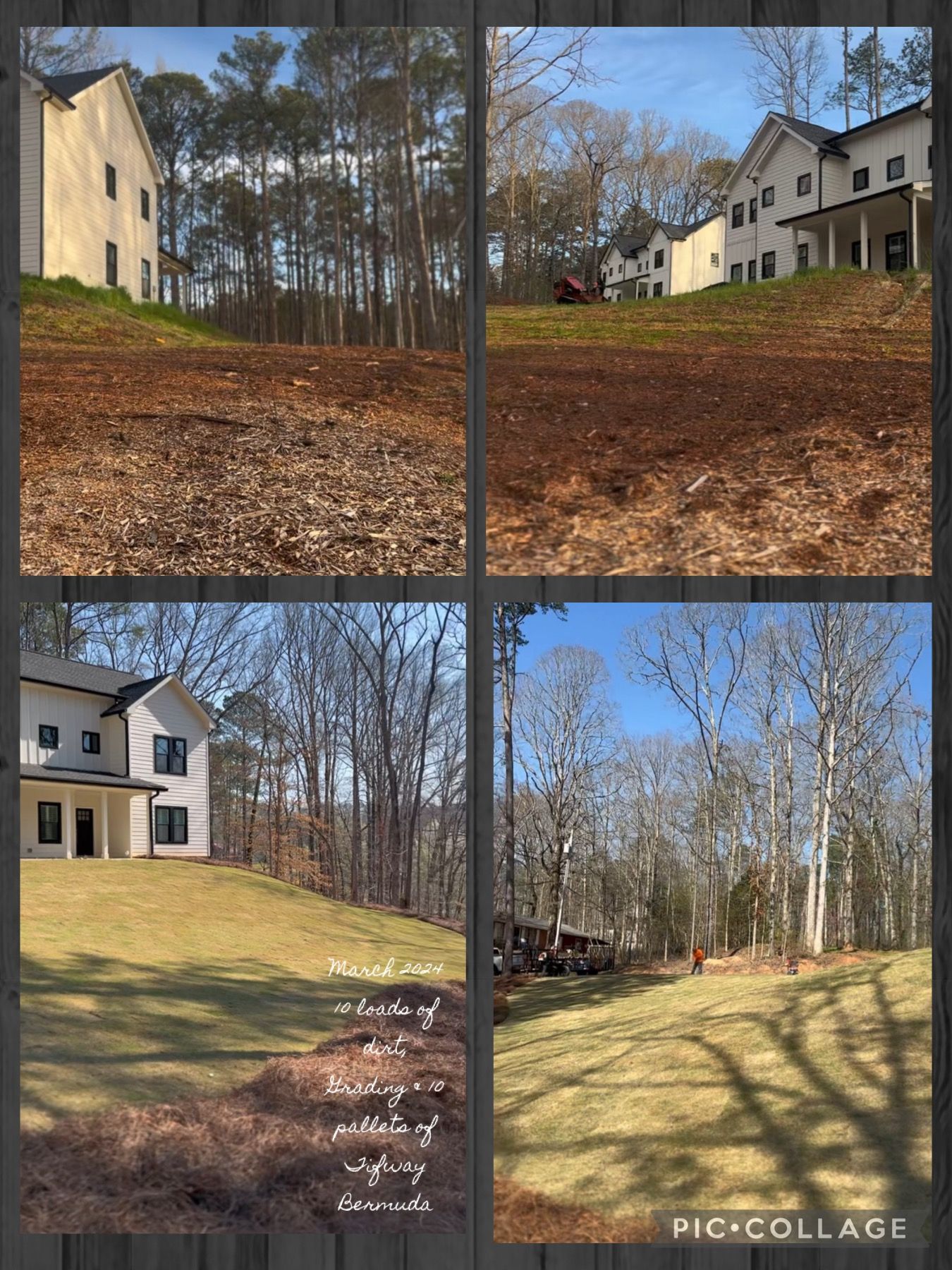 A collage of four pictures of a house in the woods