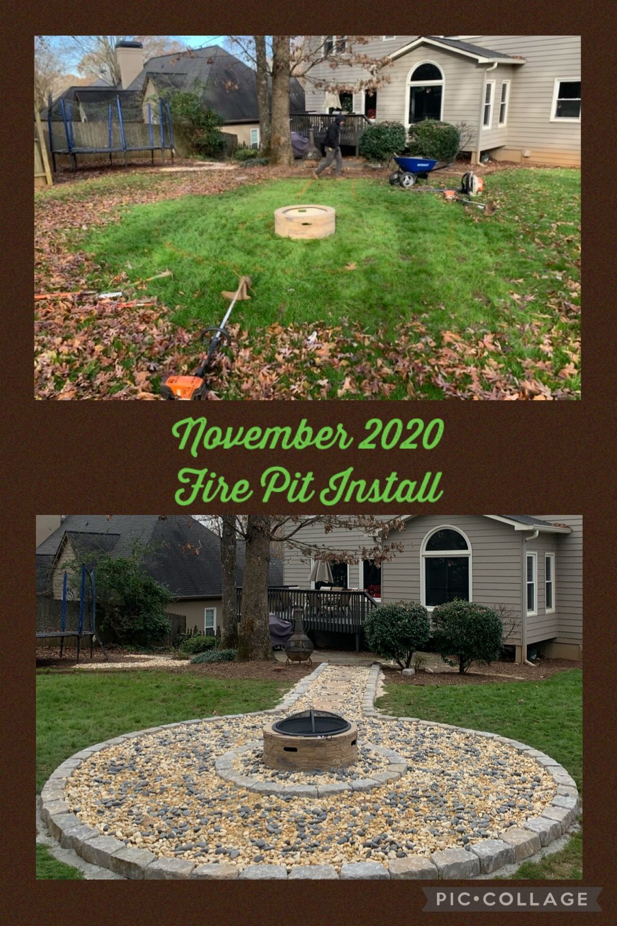A before and after picture of a fire pit being installed in a backyard.