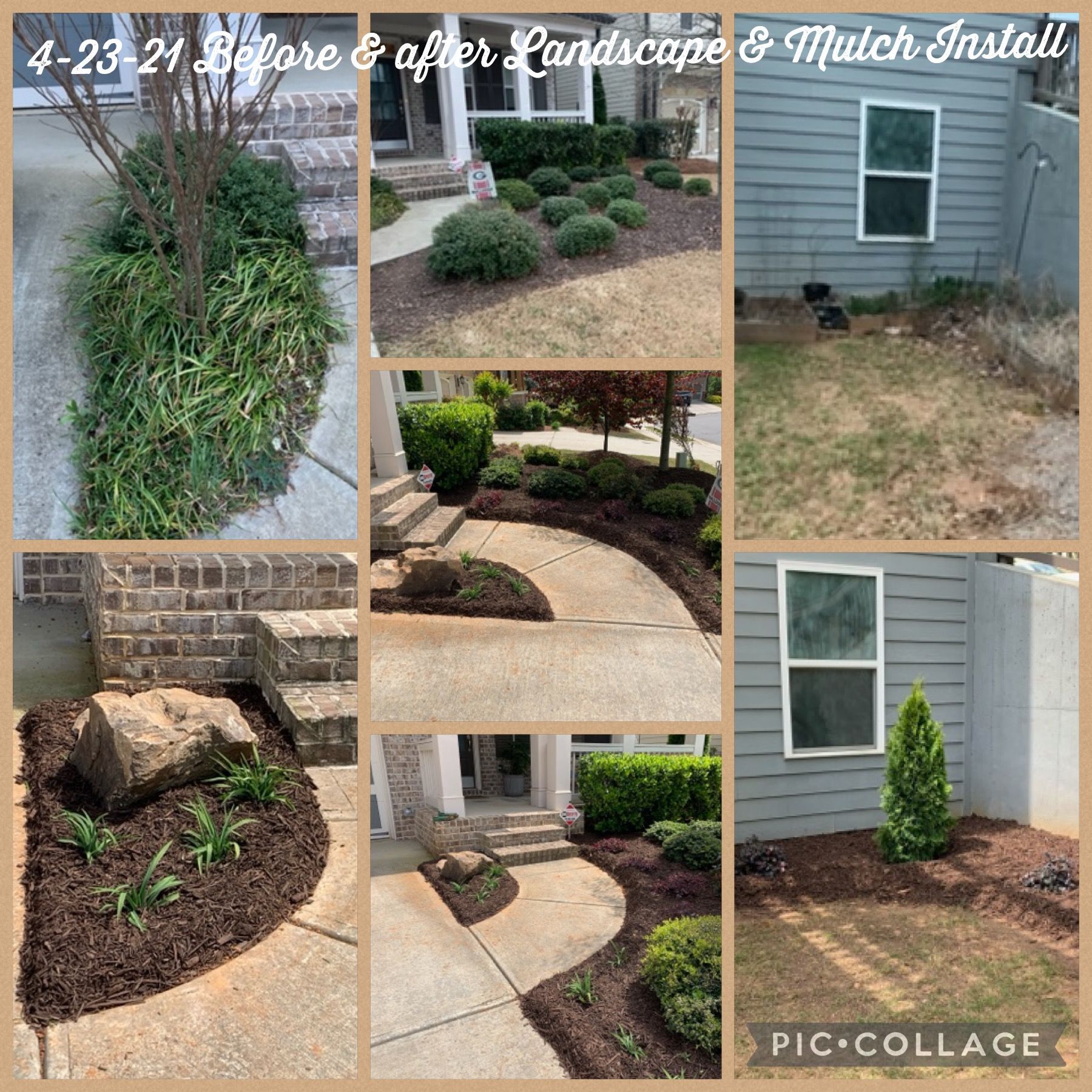 A before and after photo of a landscape and mulch install.