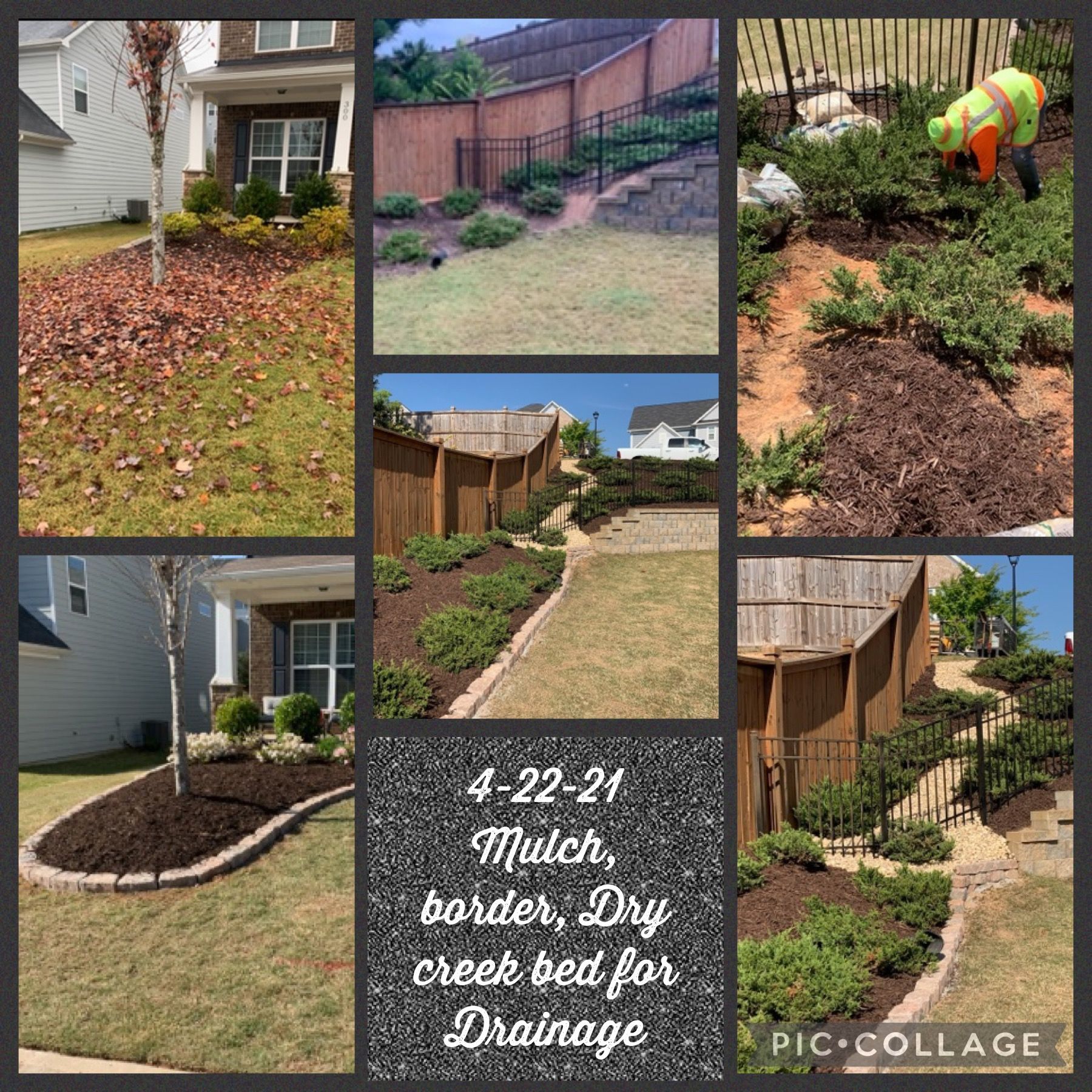 A collage of pictures of a lawn with mulch , border , dry creek bed for drainage.