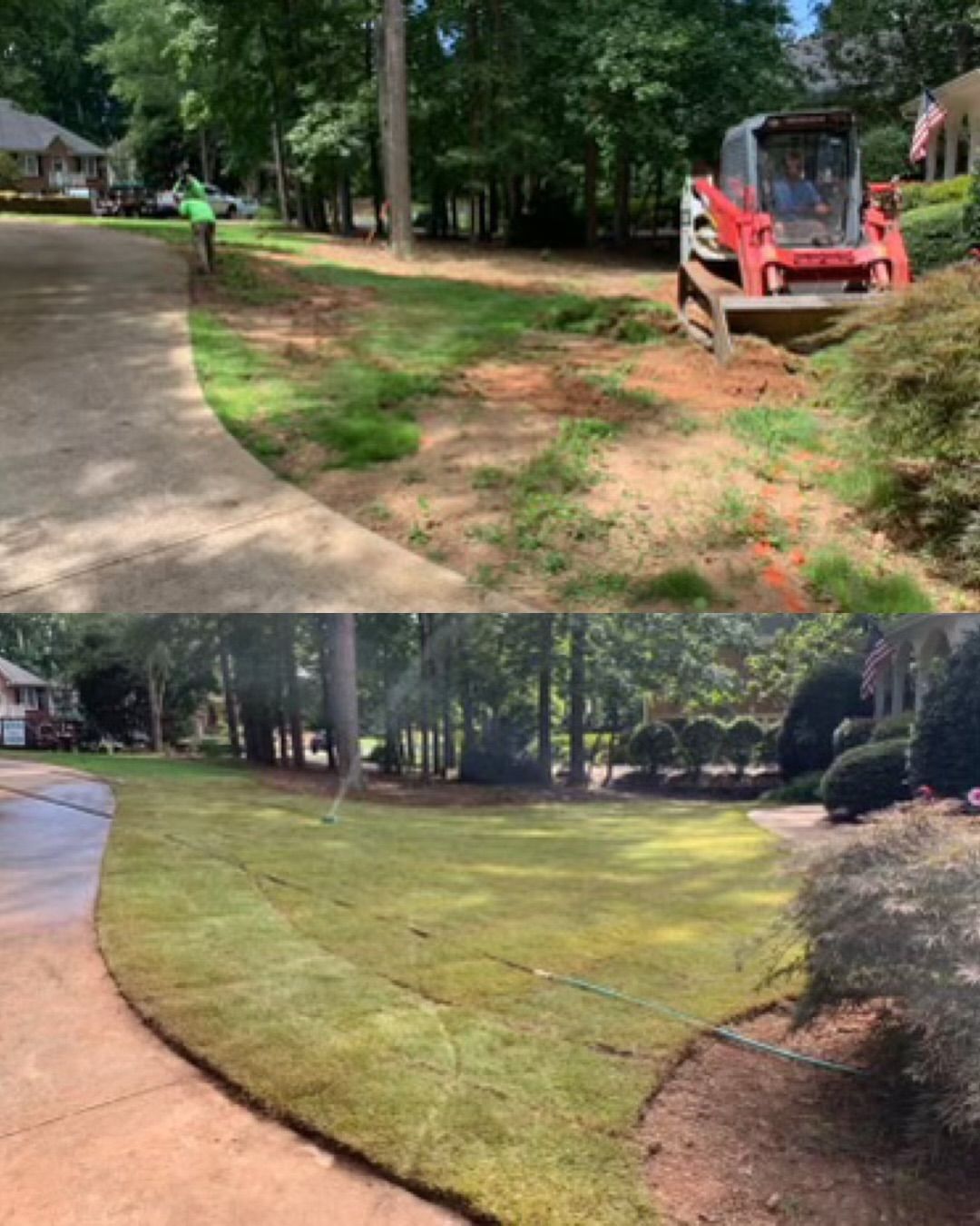 A before and after picture of a lawn with a bulldozer in the background.