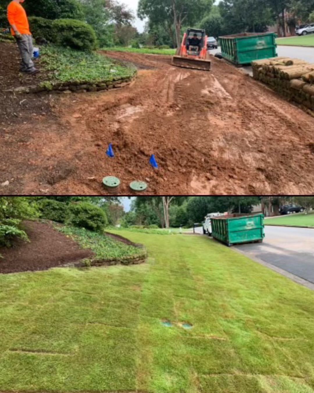 A before and after picture of a lawn being installed.