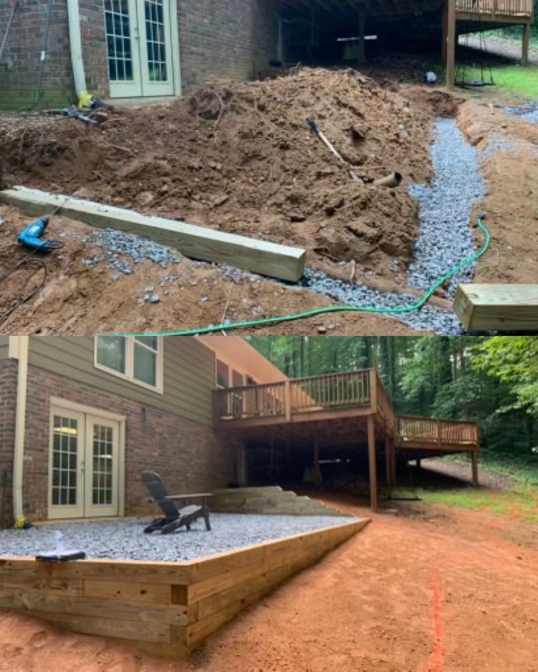 A before and after picture of a deck being built