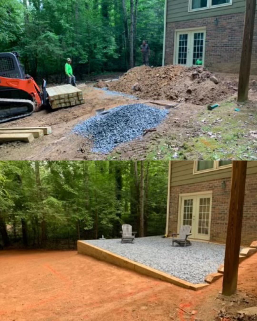 A before and after picture of a patio being built in front of a house.