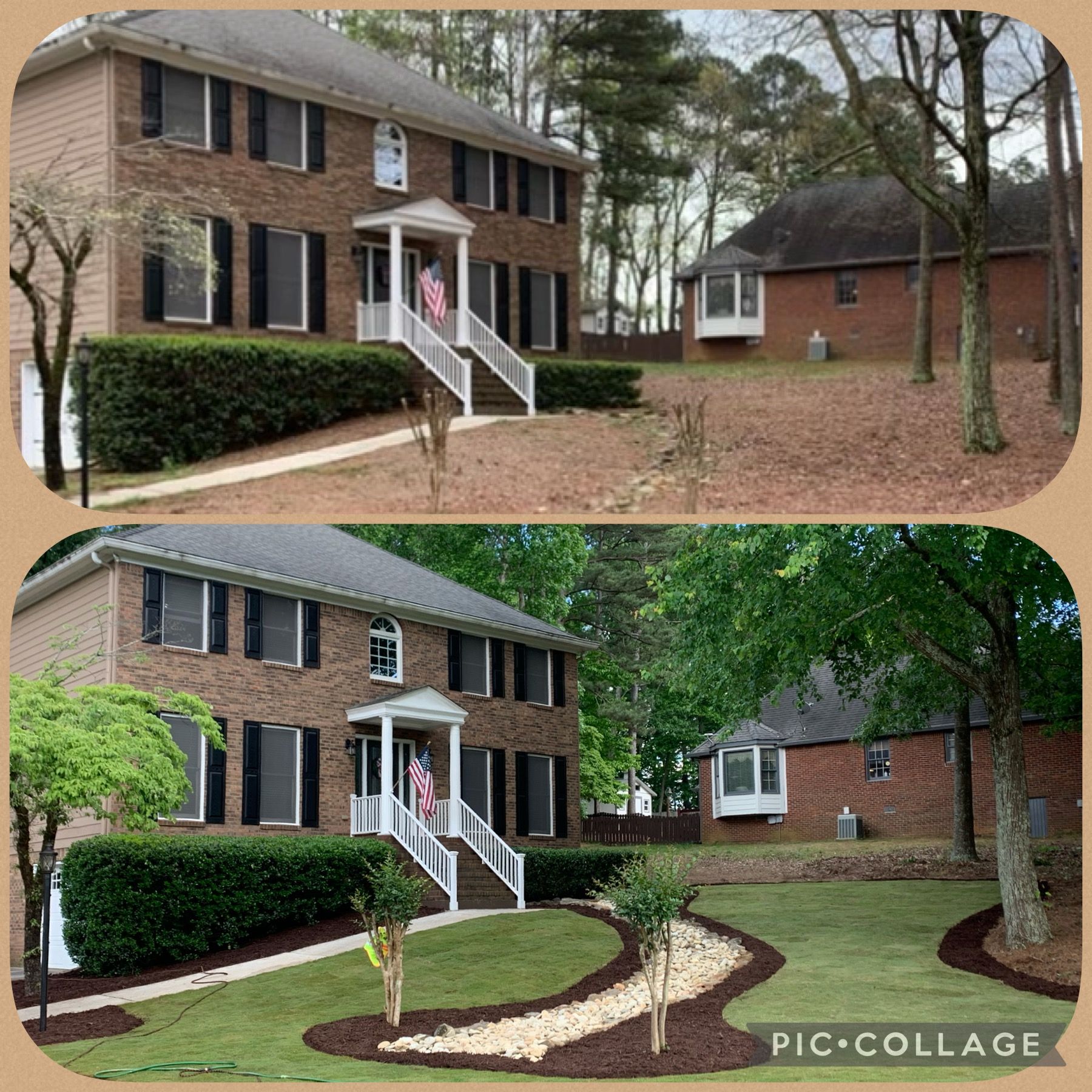 A before and after picture of a house with a lush green lawn