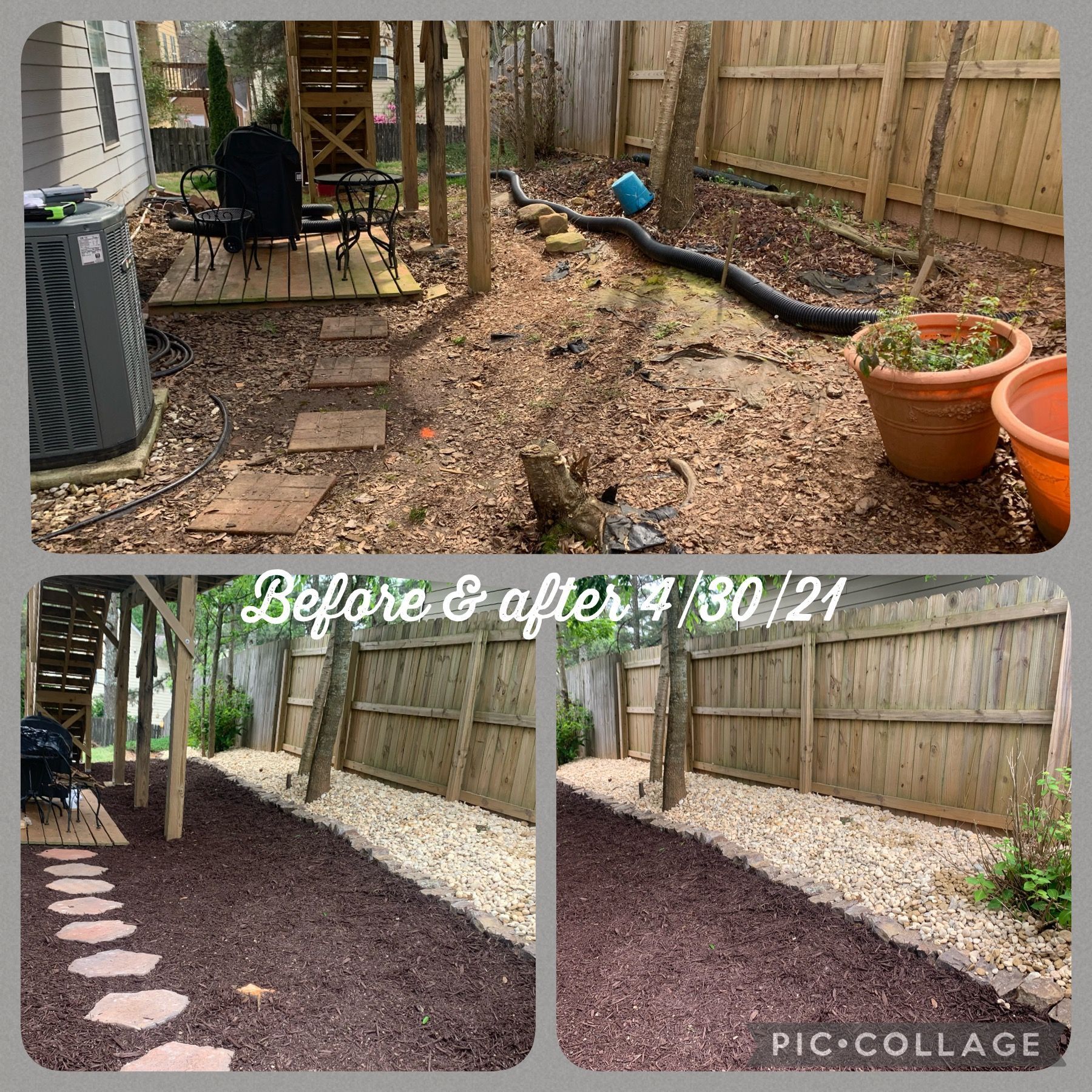A before and after photo of a backyard with a wooden fence.