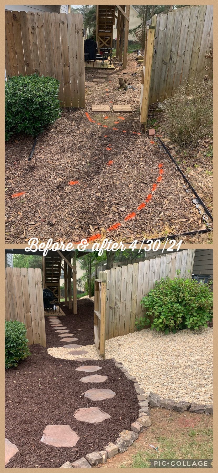 A before and after picture of a fence and a walkway.