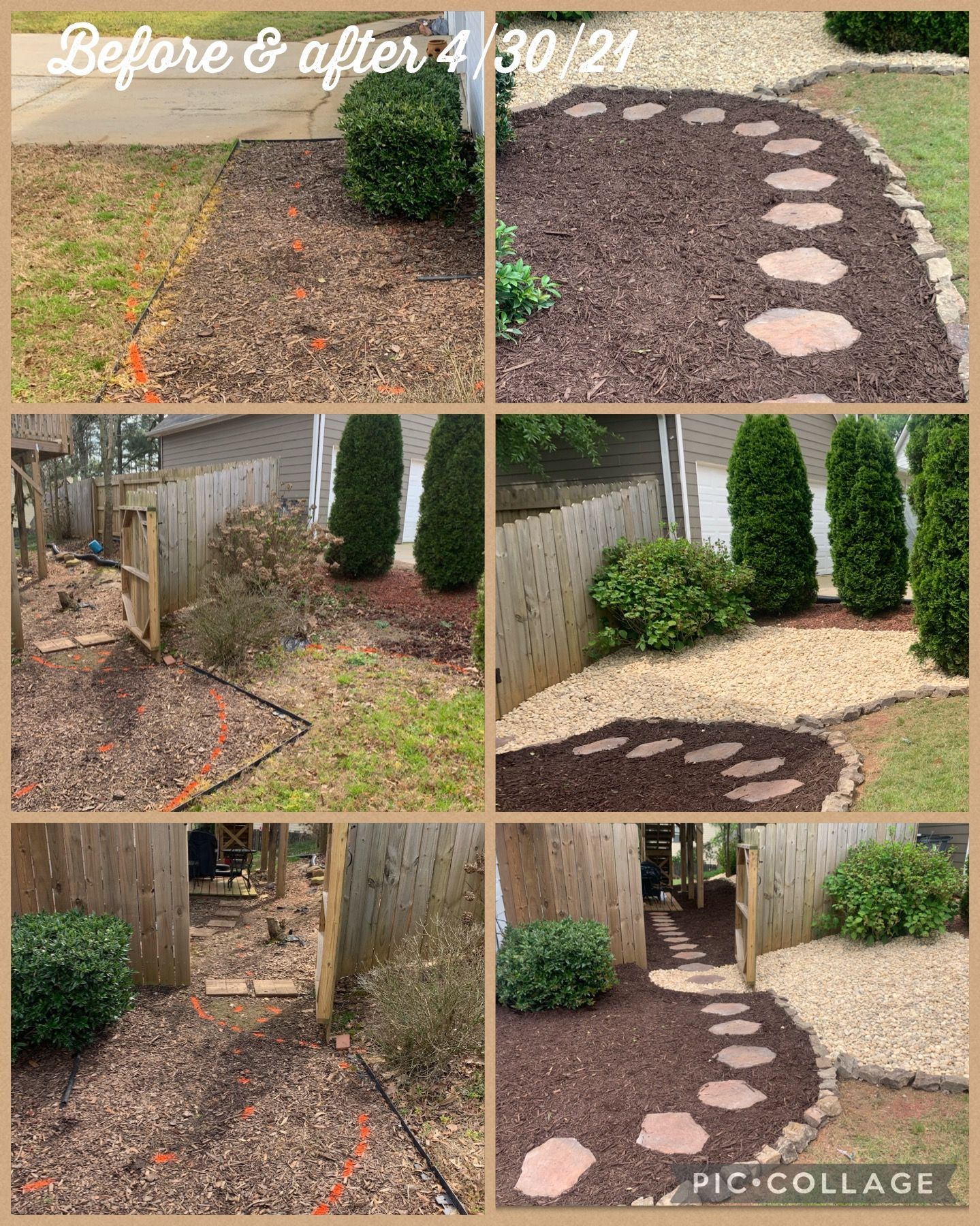 A collage of pictures of a garden before and after being remodeled.