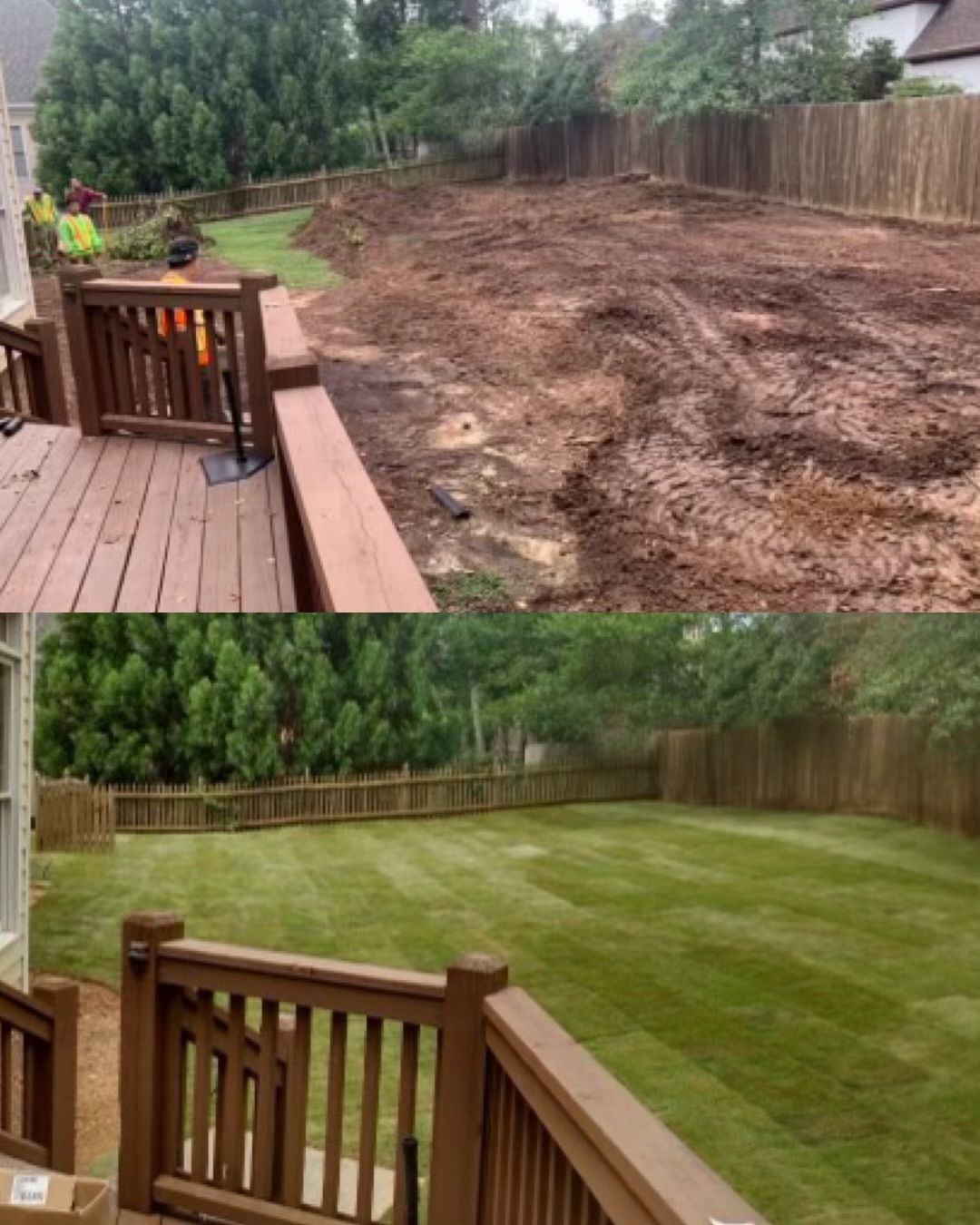 A before and after picture of a deck and lawn