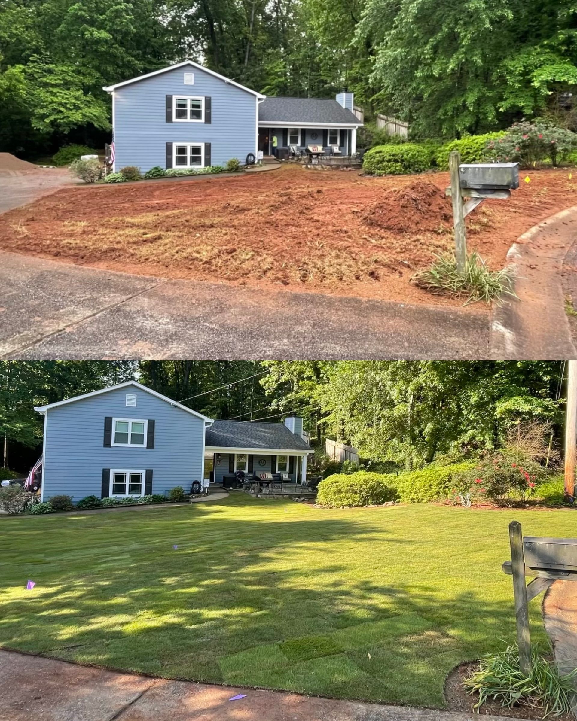 A before and after picture of a house with a lush green lawn.