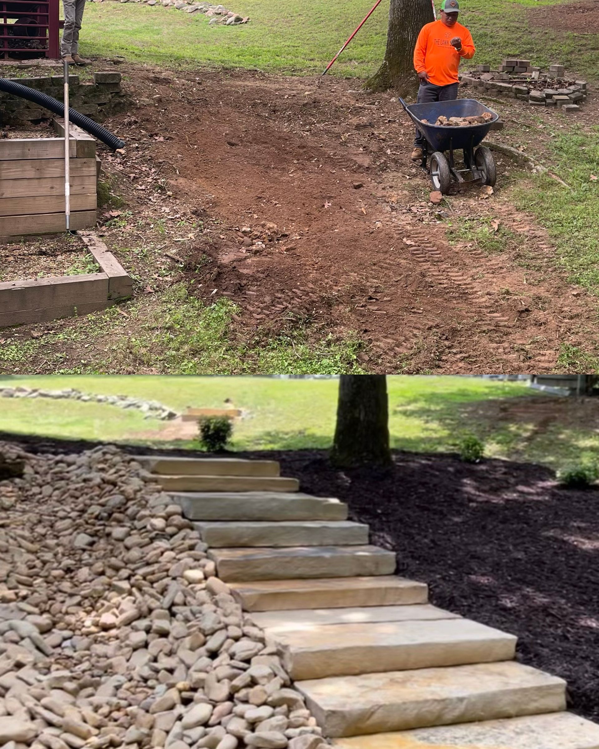 A man is pushing a wheelbarrow full of dirt down a hill.