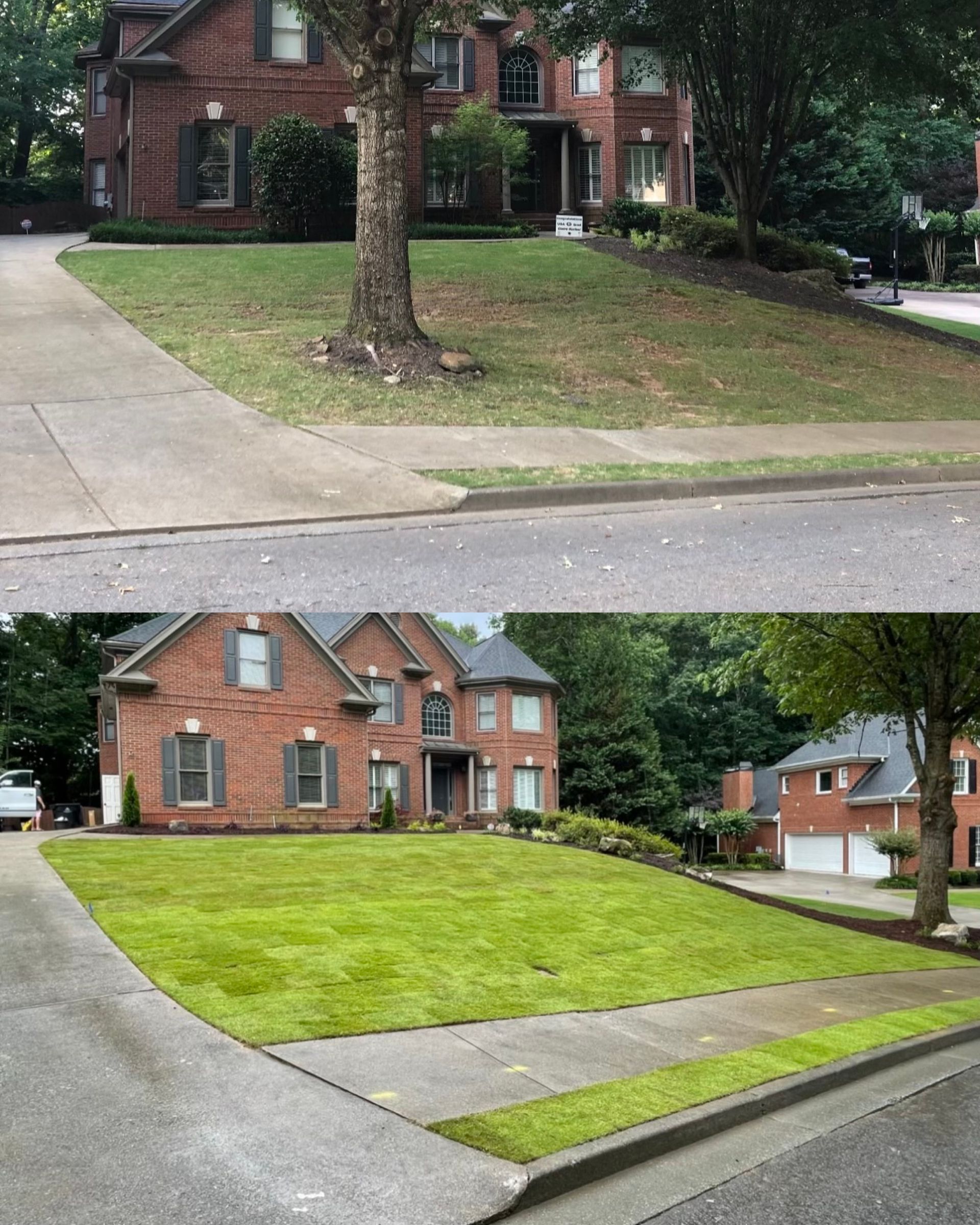 A before and after picture of a brick house with a lush green lawn