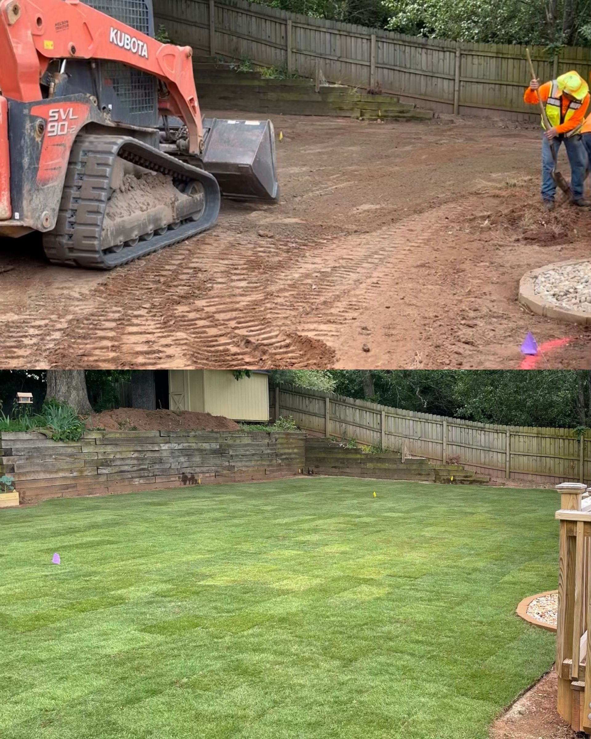 A bulldozer is sitting on top of a dirt field next to a lush green lawn.