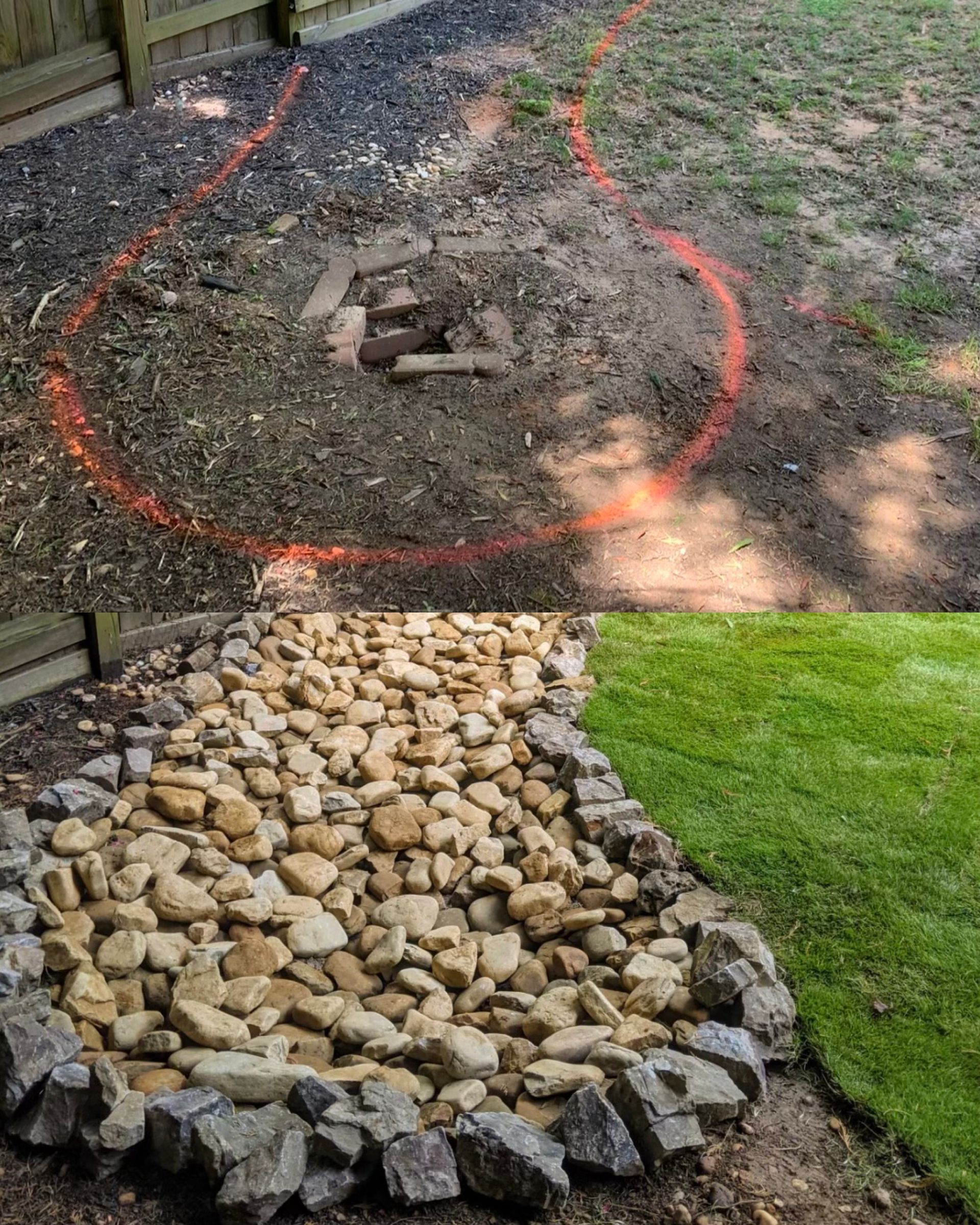 A before and after picture of a fire pit in a backyard.