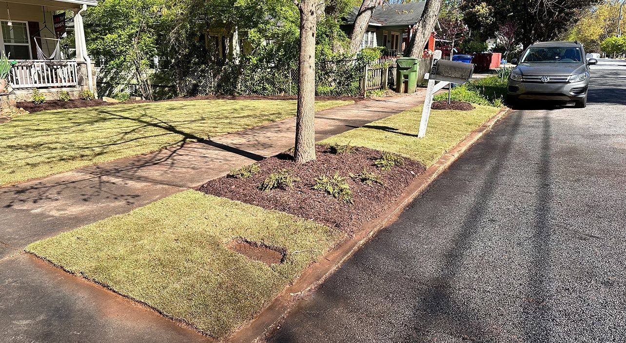 A car is parked on the side of the road in front of a house.