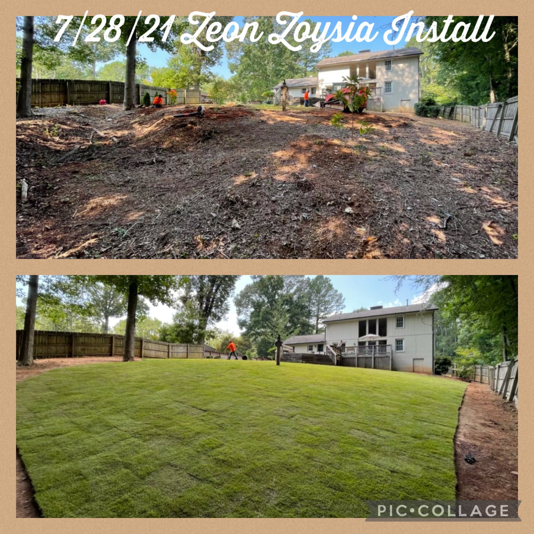 A before and after picture of a lawn being installed