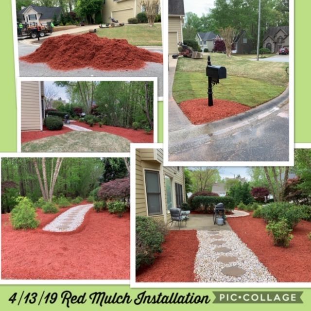 A collage of pictures of a red mulch installation