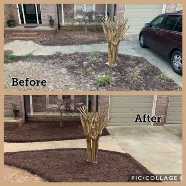 A before and after picture of a yard with a car parked in the driveway.