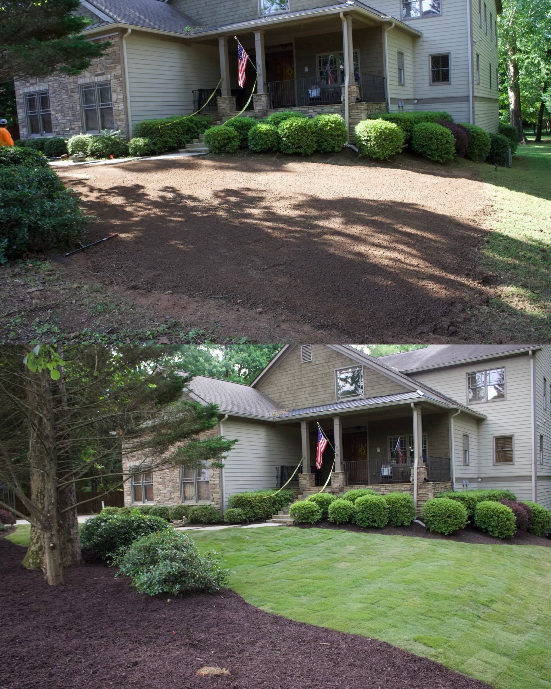 A before and after picture of a house with a lush green lawn.
