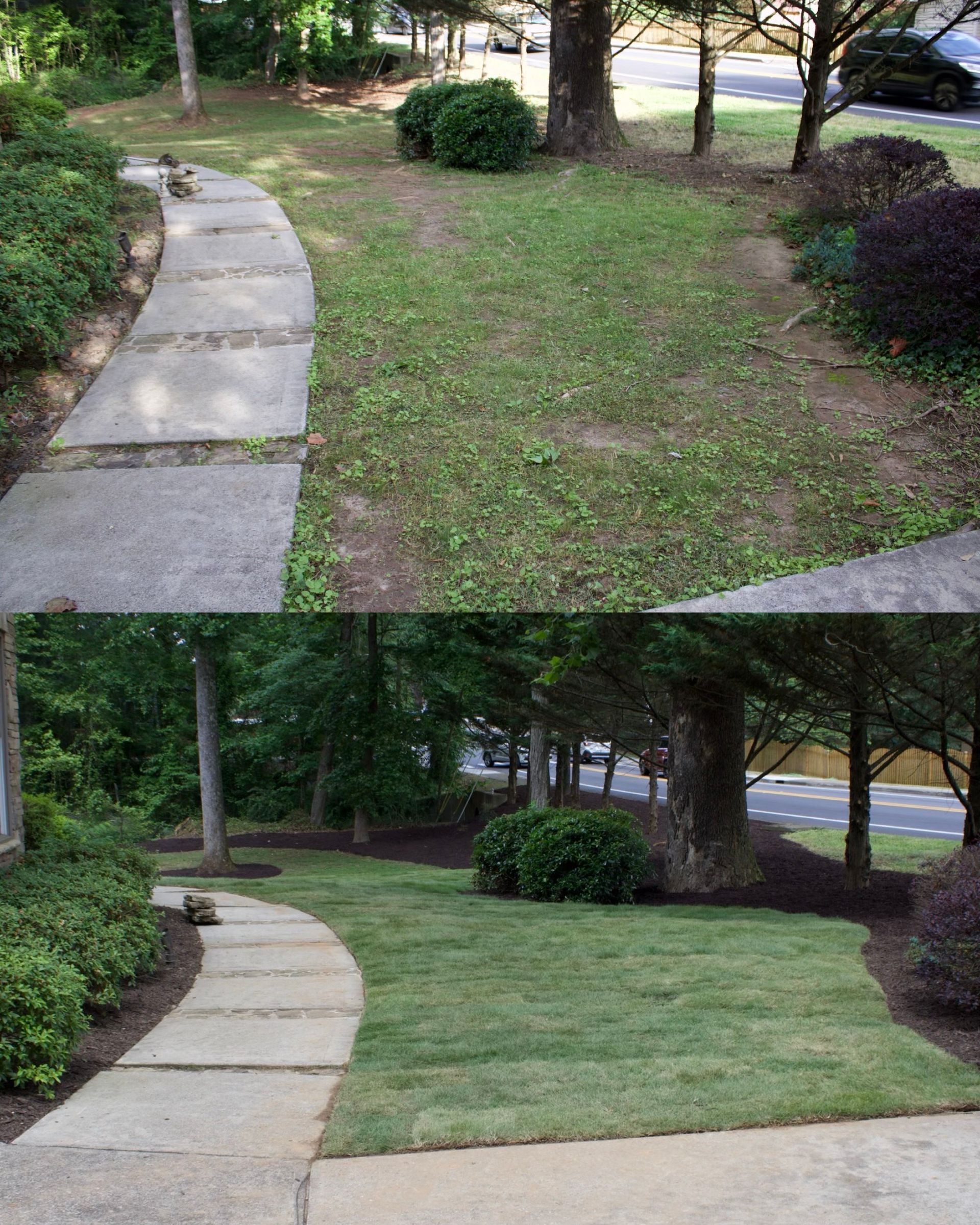 A before and after photo of a sidewalk and lawn