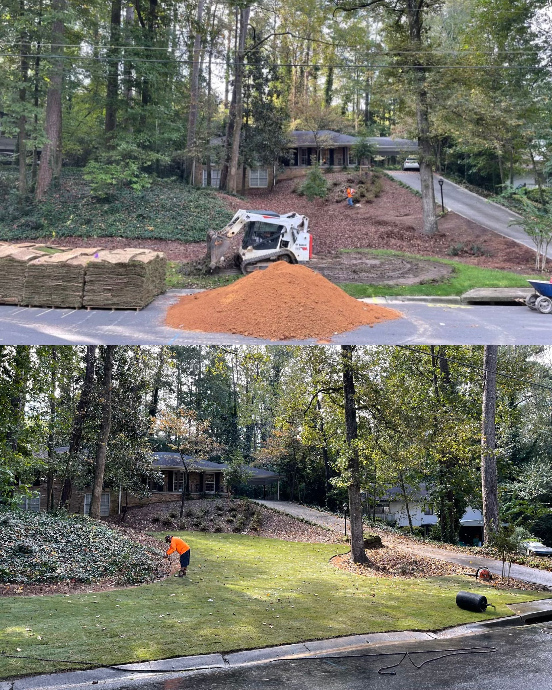A before and after picture of a lawn being maintained.