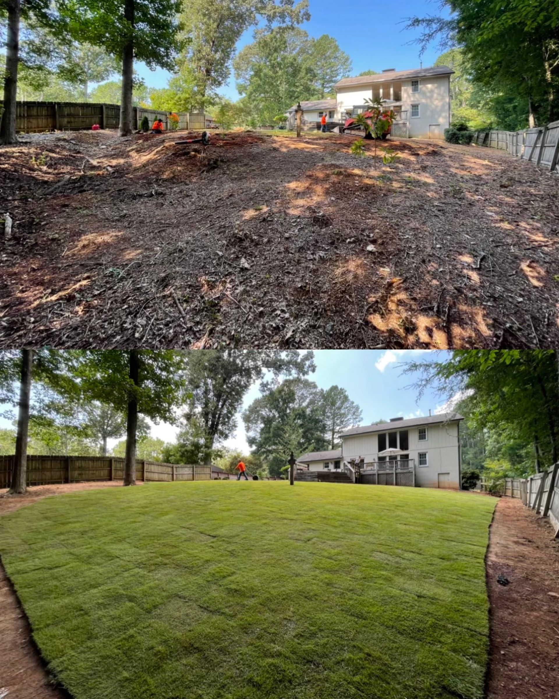 A before and after picture of a lawn with a house in the background.