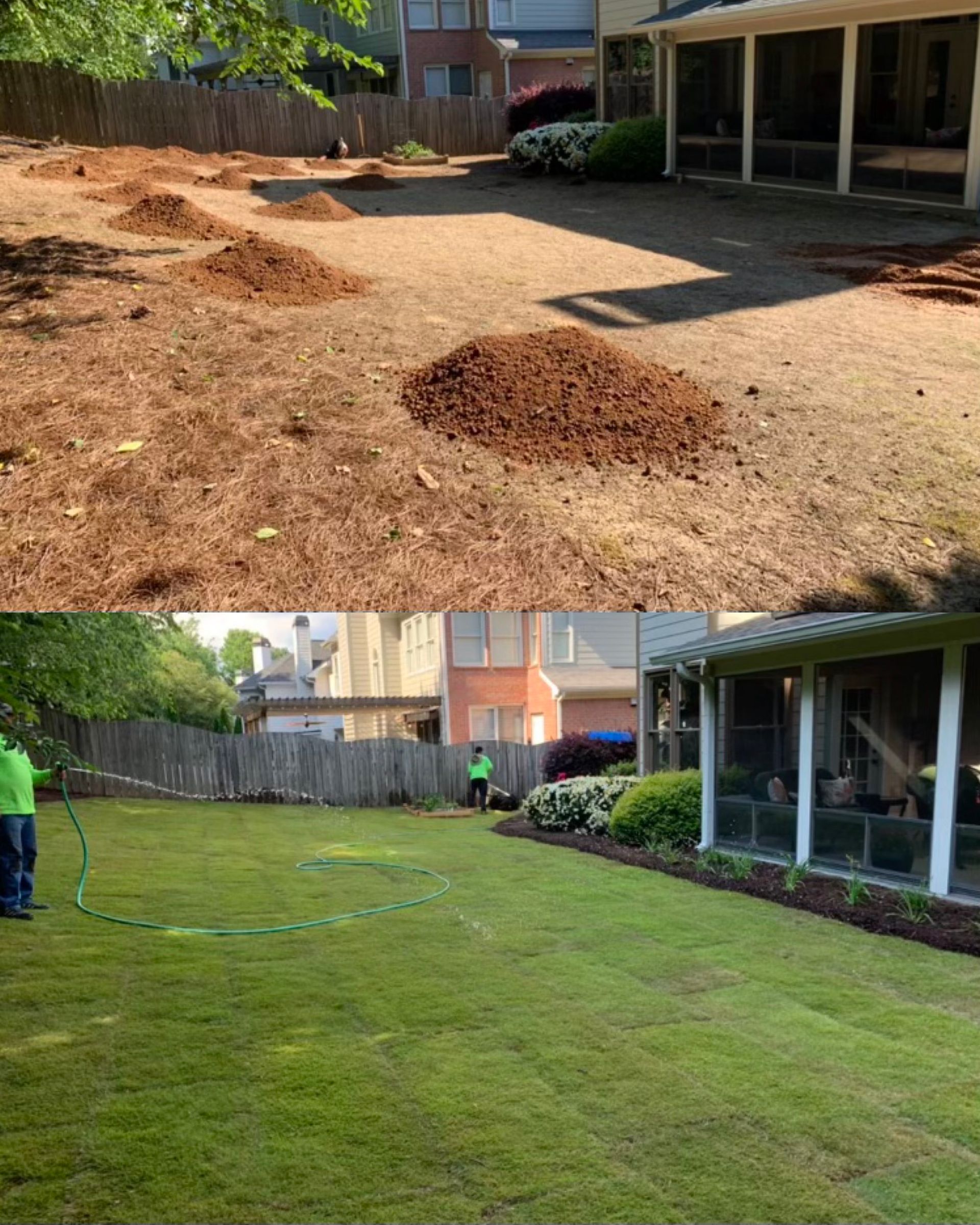 A before and after picture of a lawn with a house in the background.