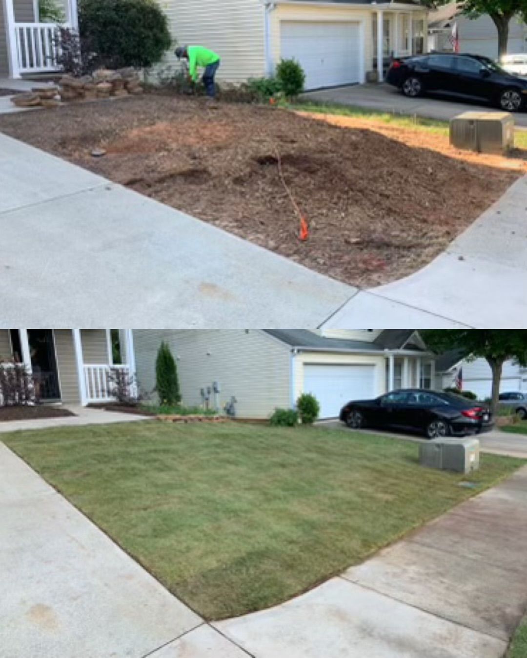 A before and after picture of a lawn in front of a house