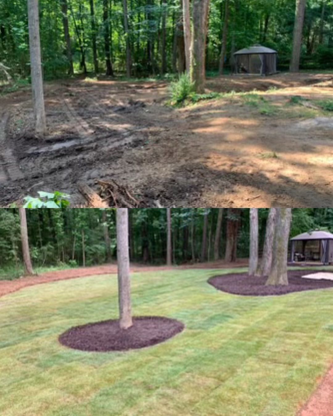 A before and after picture of a lush green lawn in the woods.