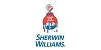 Sherwin-Williams logo: red paint can pouring red, blue, and white paint over the Earth. Text reads 
