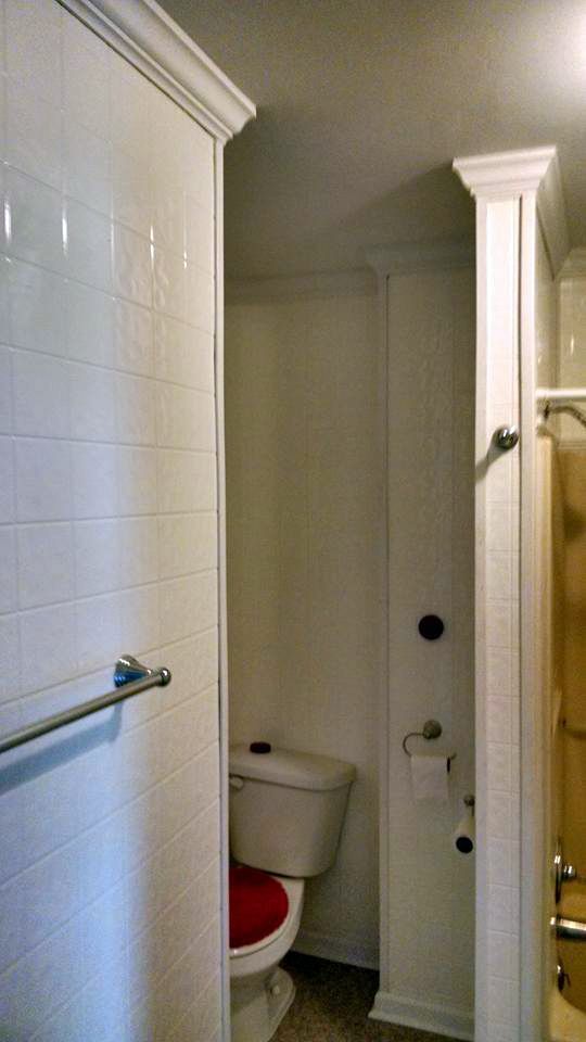 A bathroom with a toilet , shower and bathtub.