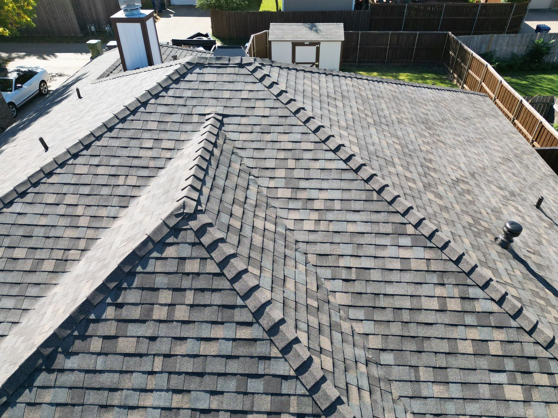 An aerial view of the roof of a house
