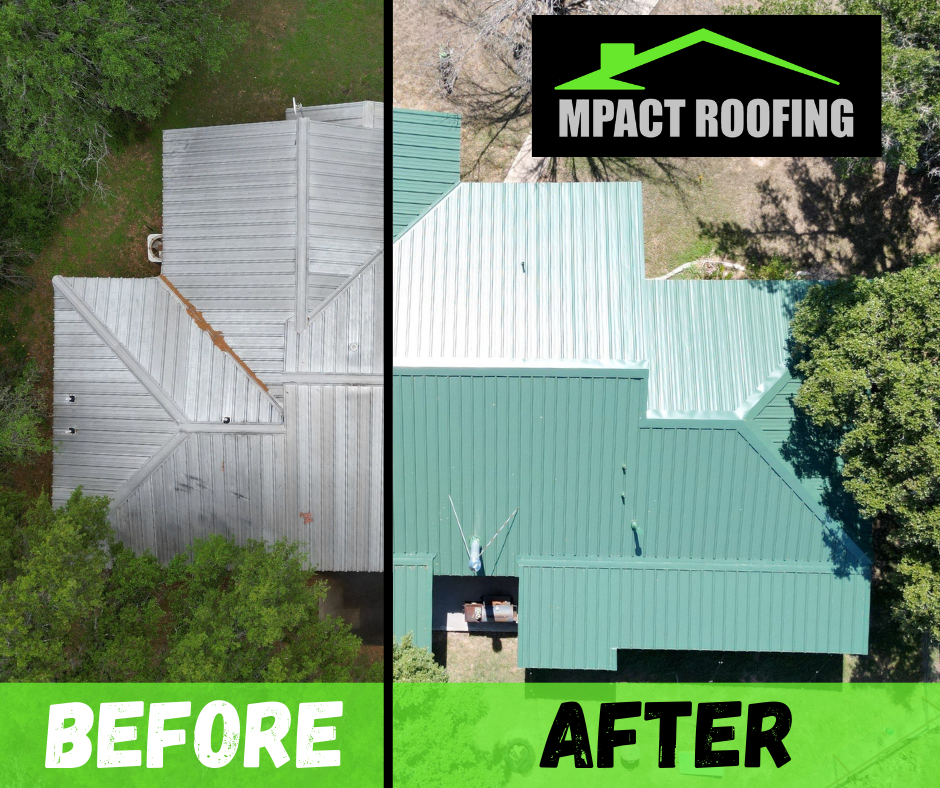 A before and after picture of a house with a green roof