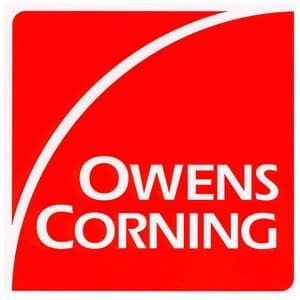 The logo for owens corning is a red square with a white arrow.