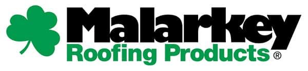 A logo for malarkey roofing products with a green shamrock