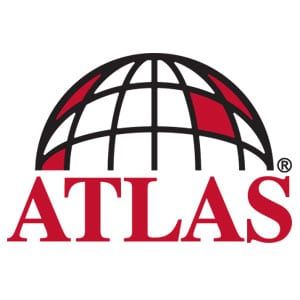 A red and black atlas logo with a globe in the middle