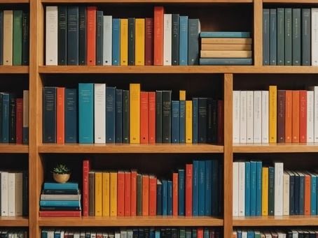 Wooden shelves filled with colorful, vertically and horizontally arranged books, with a small potted plant on a shelf.