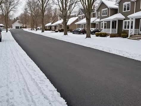 A snowy residential street with dark pavement, lined with trees and modern houses on a winter day.
