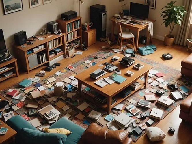 A high-angle view of a living room floor covered in numerous books, papers, and items, with wooden furniture and a rug.