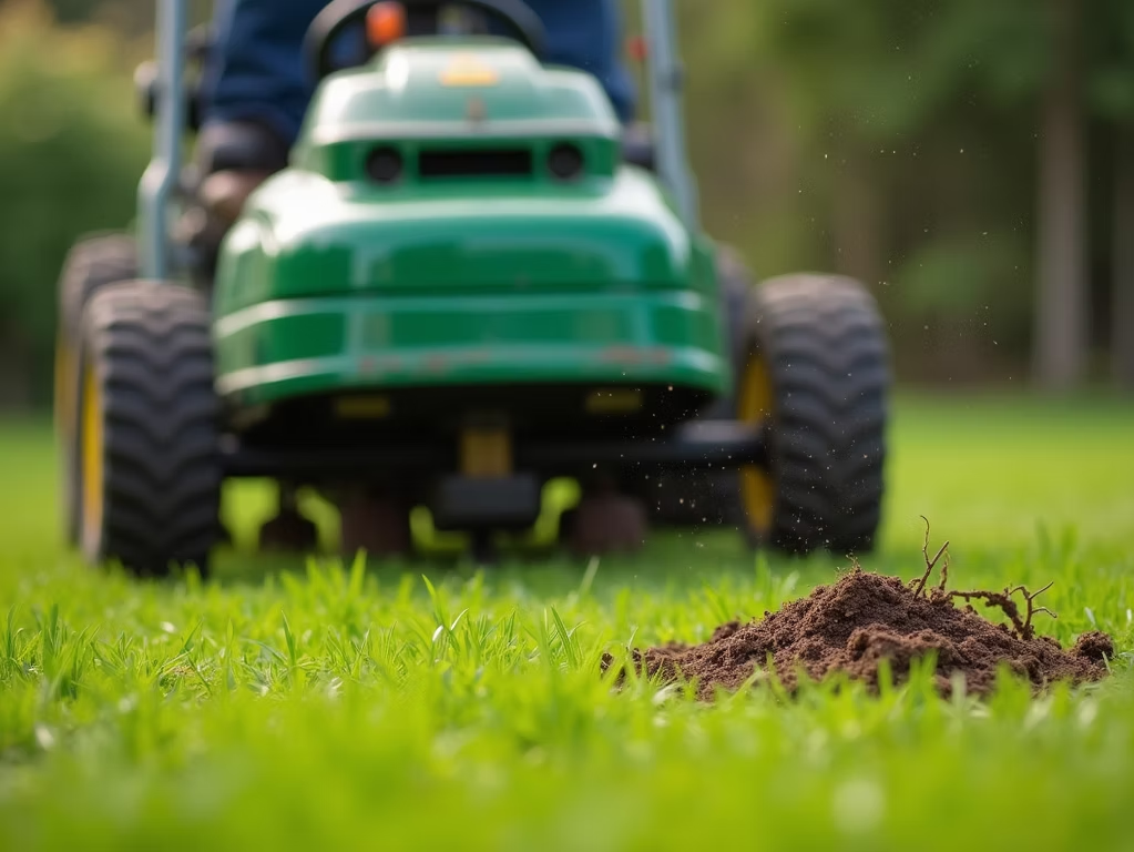 A green lawn tractor moves through a grassy field toward a small pile of dirt.