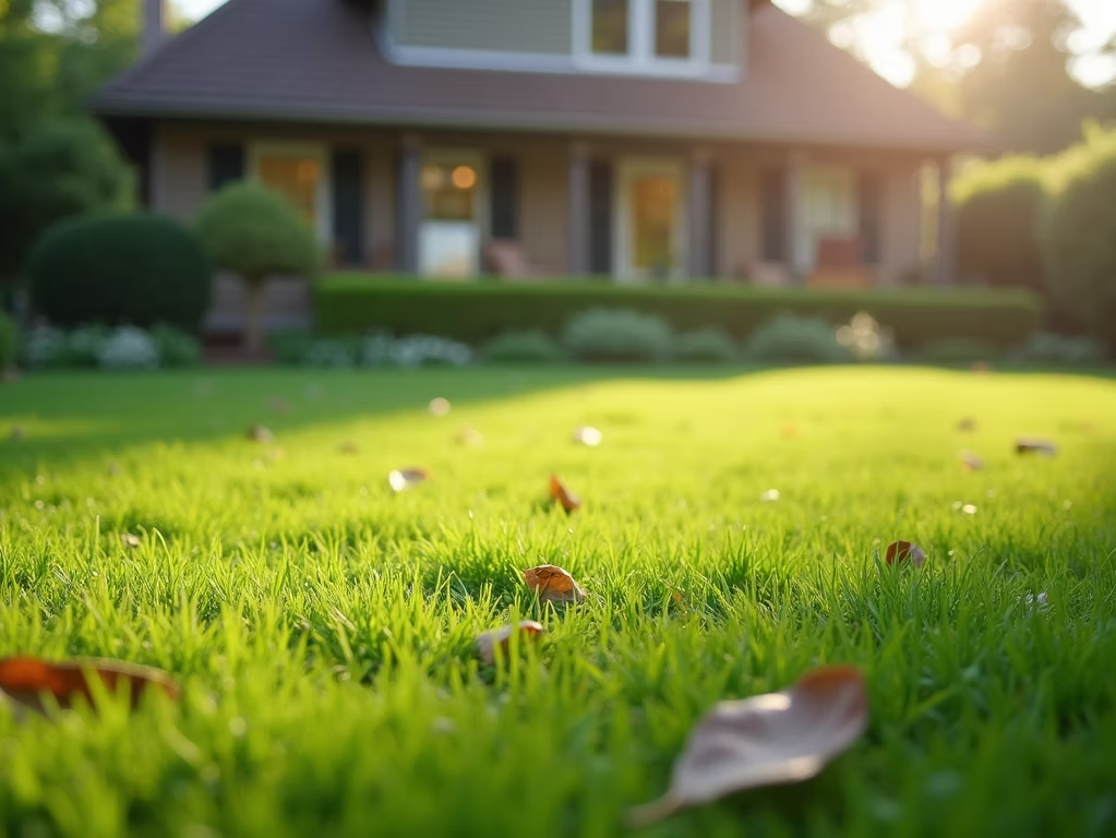 A suburban house sits in the background behind a lush green lawn scattered with fallen brown leaves under golden light.