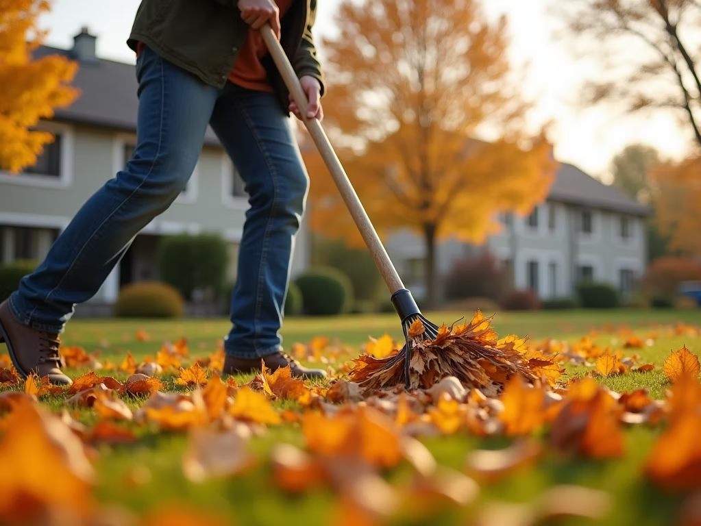 A person rakes fallen autumn leaves on a green lawn in front of a house at sunset.