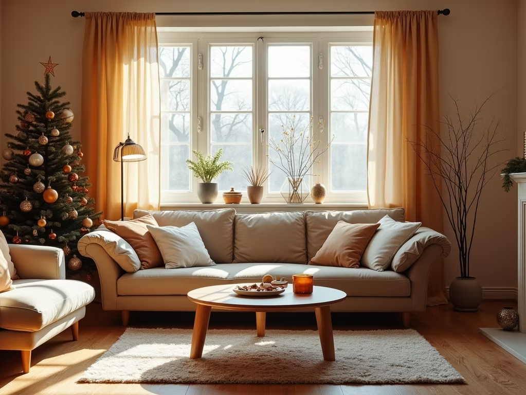 A cozy living room with a beige sofa, a round coffee table, a rug, and a decorated Christmas tree by a bright window.