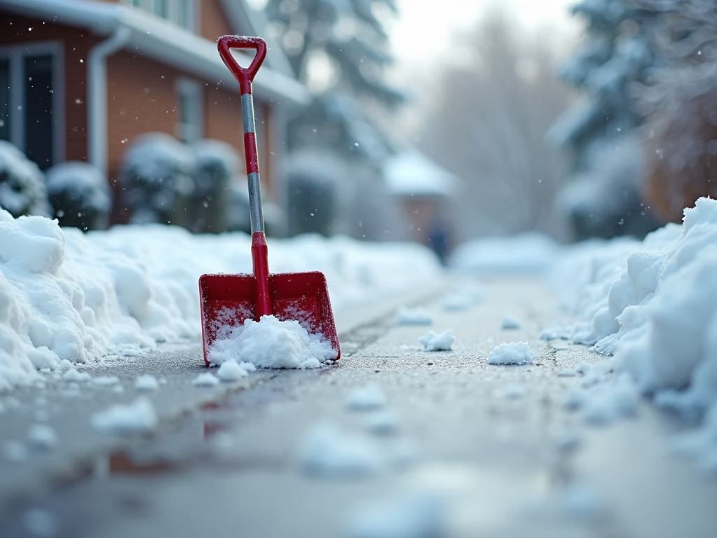 A red snow shovel stands upright in the middle of a shoveled residential sidewalk surrounded by snow piles.