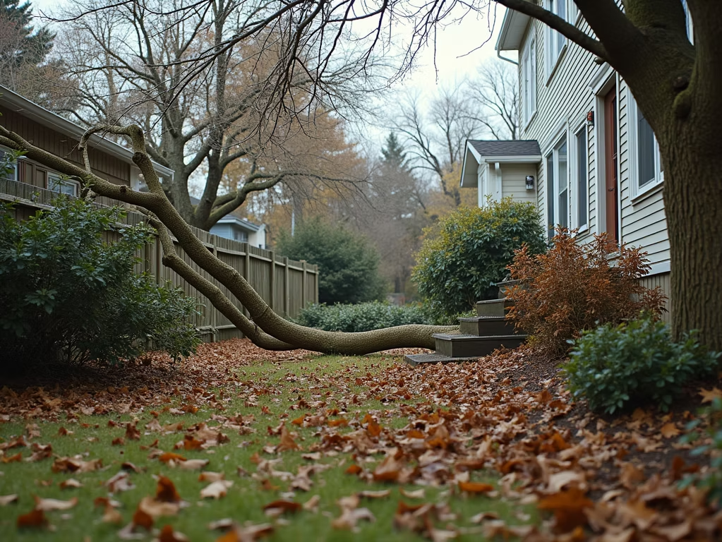 A large tree trunk lies fallen across a residential backyard filled with fallen autumn leaves, near a house and fence.