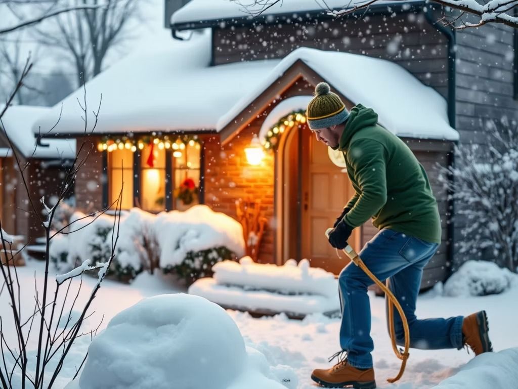 A person in a green hoodie and beanie clearing snow from a walkway in front of a cozy, lit house at dusk.