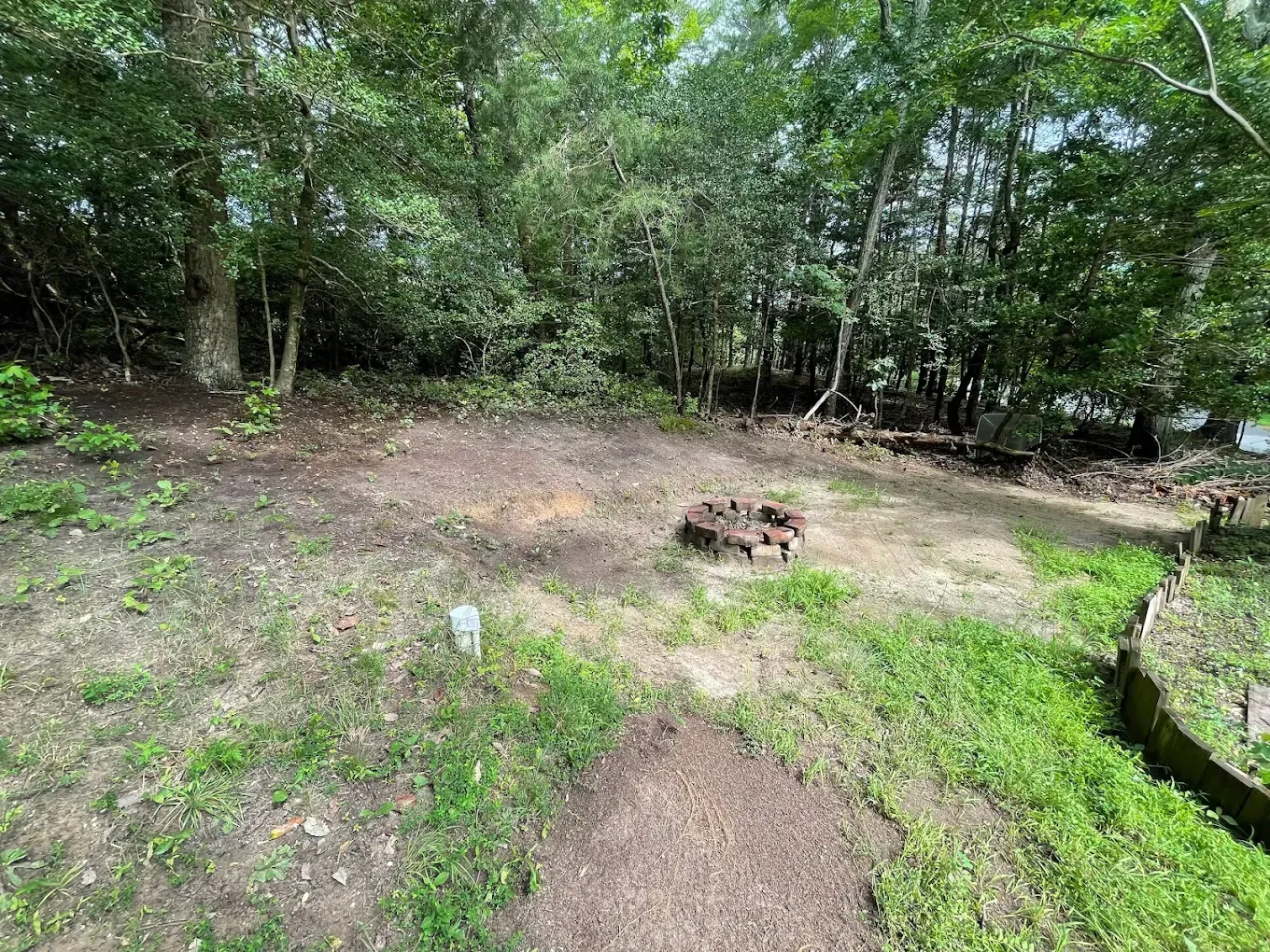 A clearing in a wooded area with patches of dirt and grass, featuring a small stone fire pit in the center.