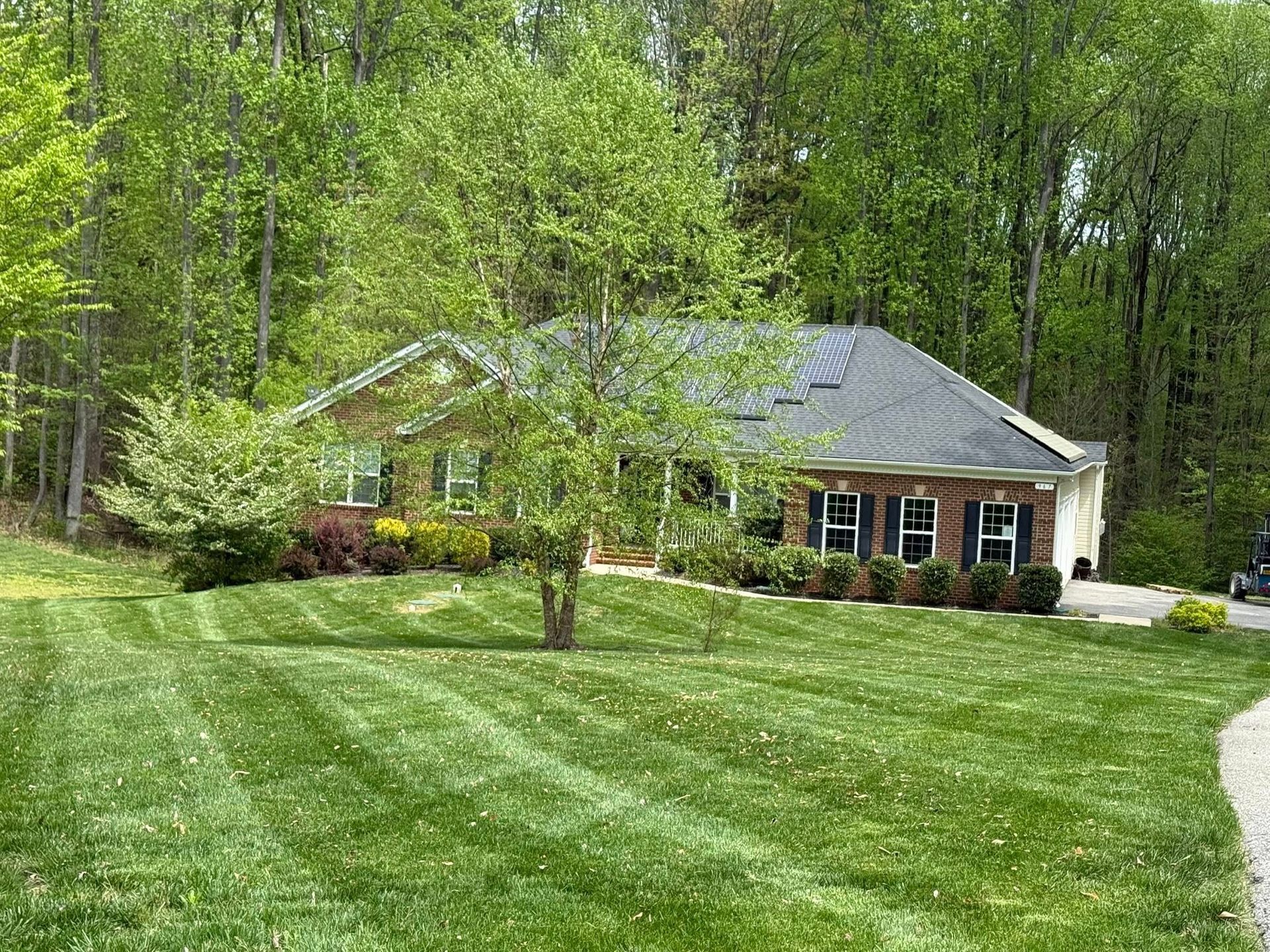A brick house with a dark shingled roof sits on a green, mowed lawn, surrounded by dense trees under a clear blue sky.