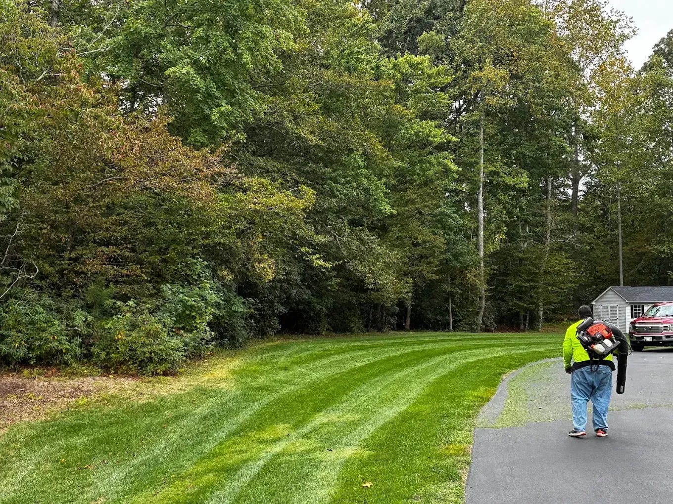 A person in a bright yellow safety vest walks along an asphalt driveway next to a freshly mowed lawn and forest edge.